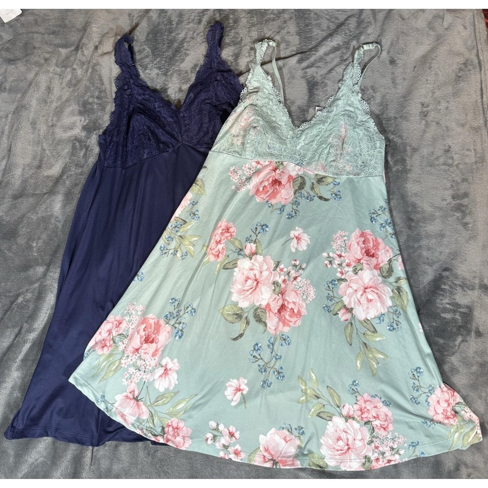 Lot Of 2 By Flora Nikrooz Chemise Nightgowns Womens XL Floral Navy Lace